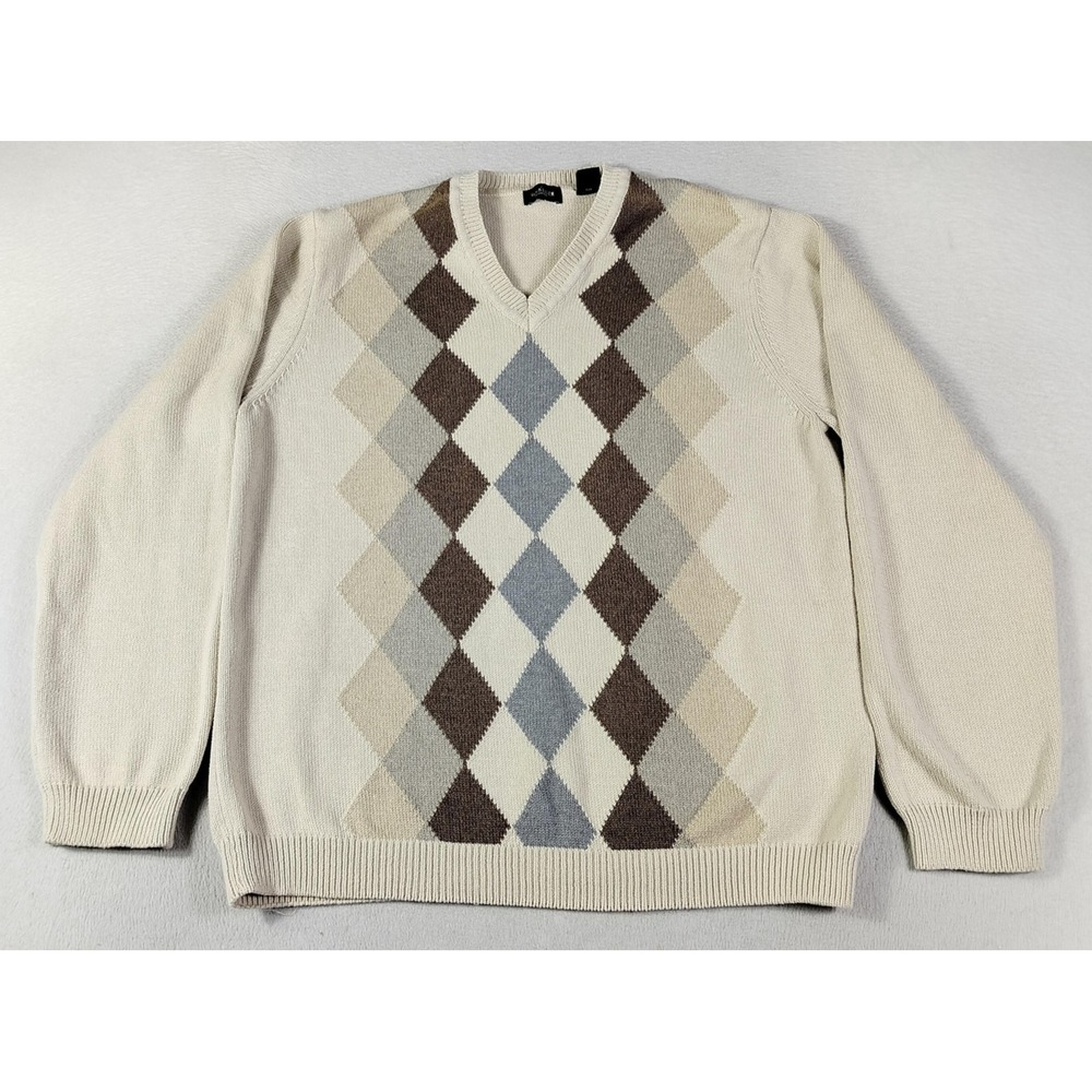 Van Heusen Sweater Mens XL Beige Argyle Cotton Grandpacore Eclectic Grandpa